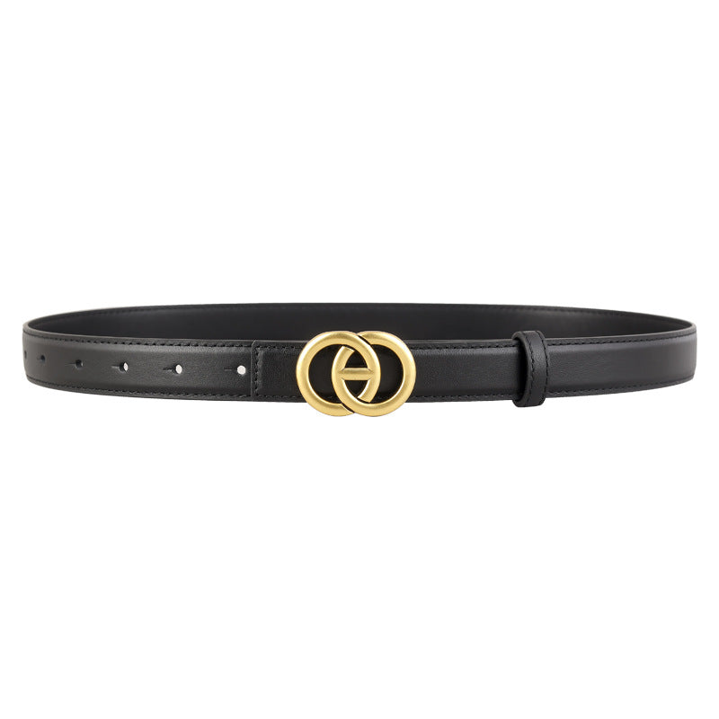 Black leather belt with double circle gold buckle
