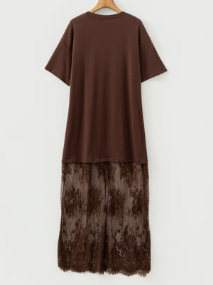 Dark brown cotton t-shirt maxi dress with floral lace hem
