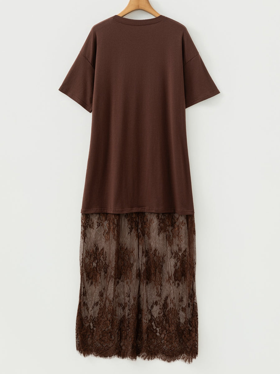 Dark brown cotton t-shirt maxi dress with floral lace hem