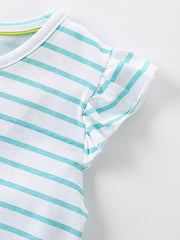Baby dress with aqua stripes and ruffled cap sleeves.