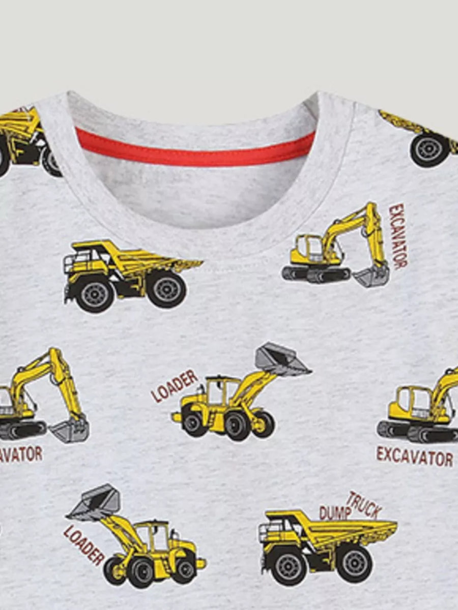 Toddler grey cotton t-shirt with allover yellow construction vehicle print and red neckline trim.