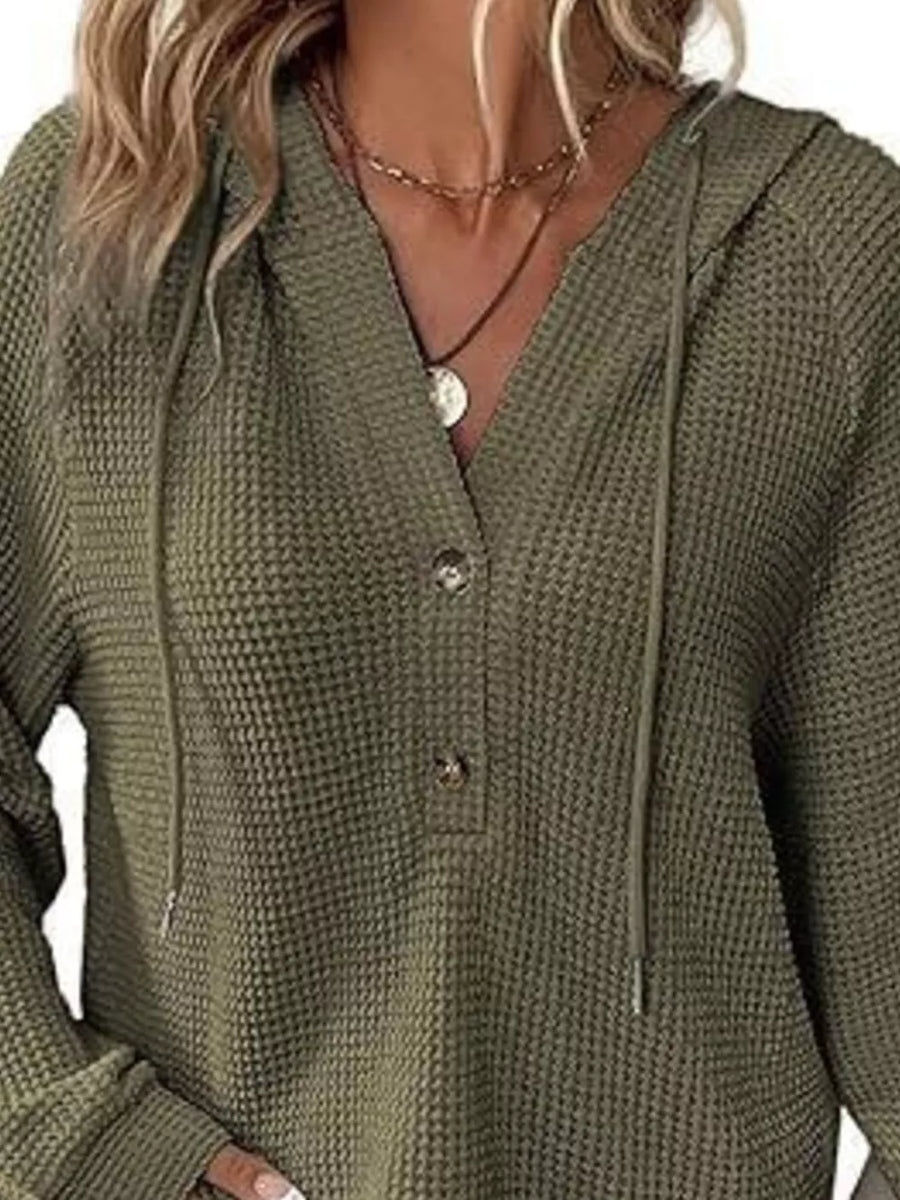 Blue Full Size Waffle Knit Half-button Hoodie Plus Size