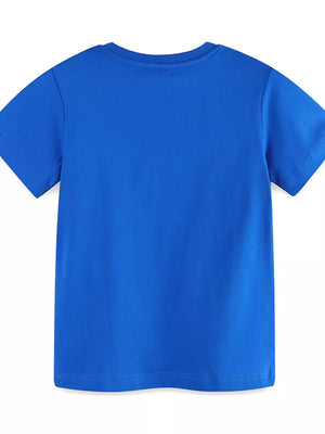 Blue crew neck t-shirt with short sleeves and a relaxed fit.