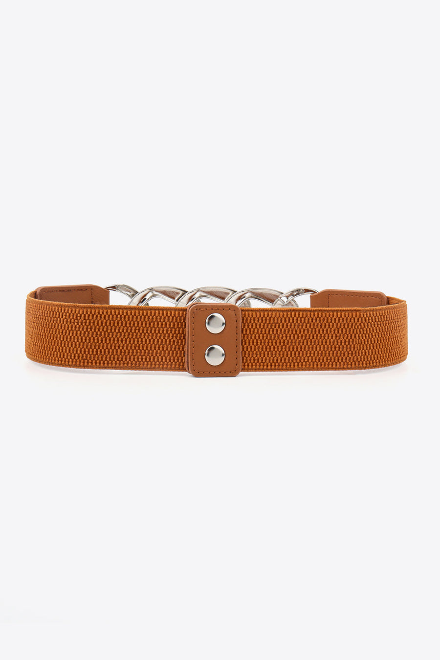 Ochre elastic belt with chunky silver chain detail and faux leather tab