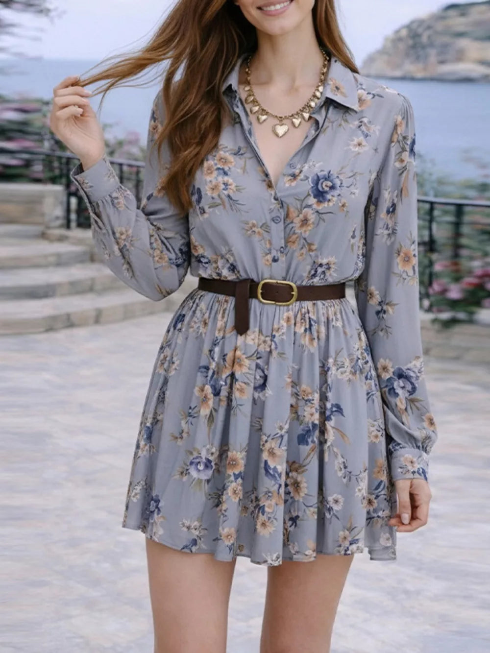 Tan shirt dress with mini and button-front