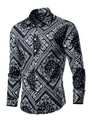 Men's black button-down shirt with white paisley bandana print, long sleeves, cotton.