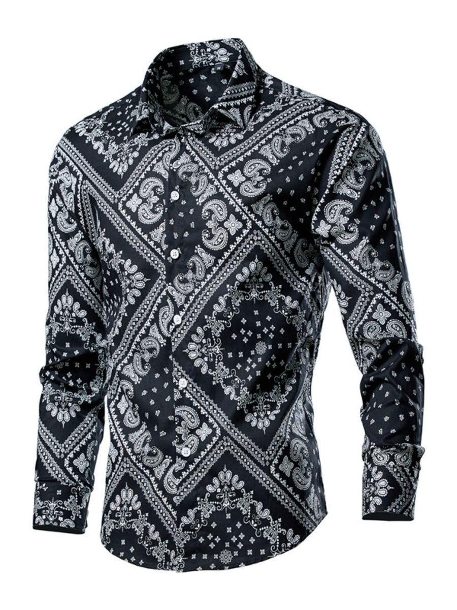 Men's black button-down shirt with white paisley bandana print, long sleeves, cotton.