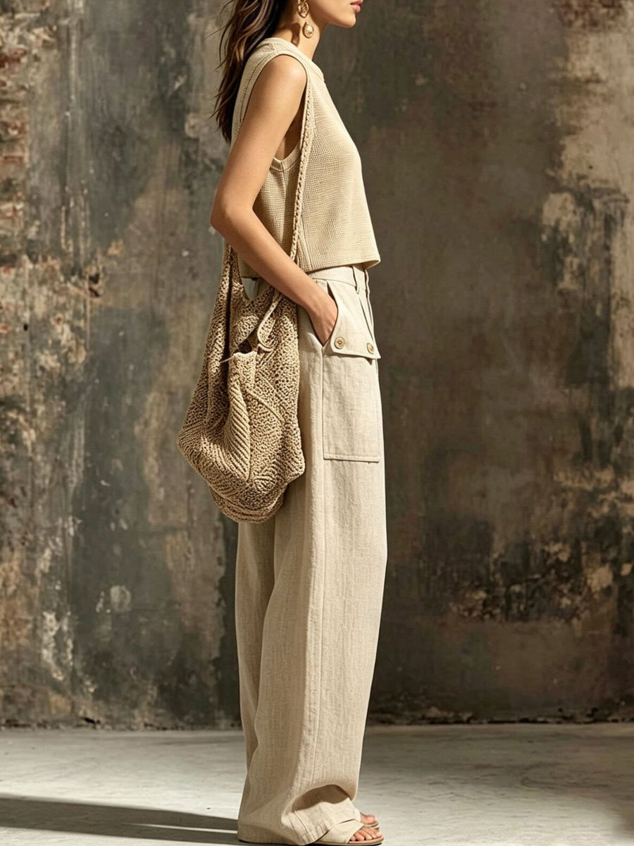 85% polyester, 15% linen Care instructions: Machine wash cold crop top and cargo pants set in Khaki with relaxed silhouette