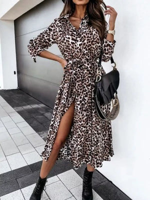 Leopard Print Button-down Midi Dress With Belt in regular leopard print