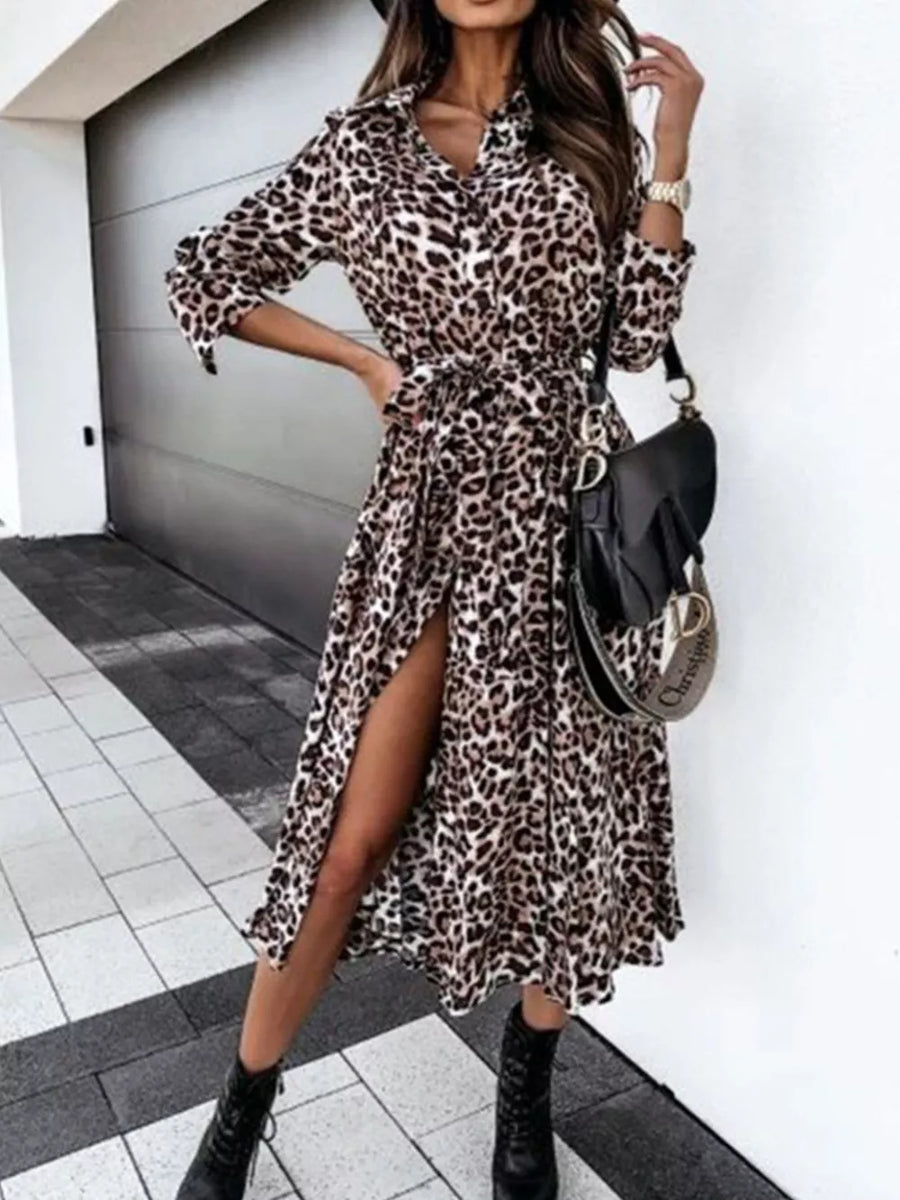 Leopard Print Button-down Midi Dress With Belt in regular leopard print