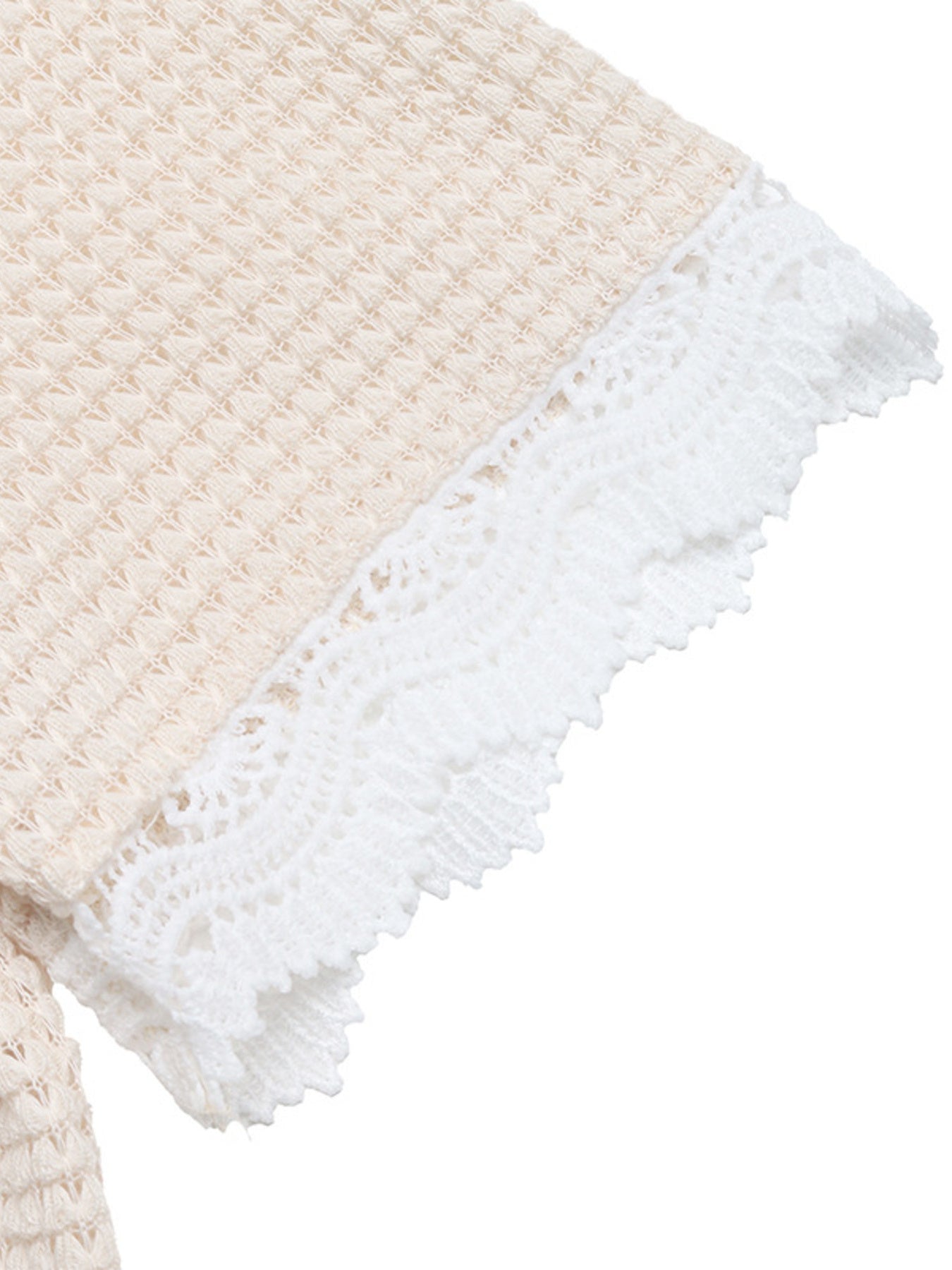Apricot waffle knit maternity tee with white lace trim detail on sleeve.