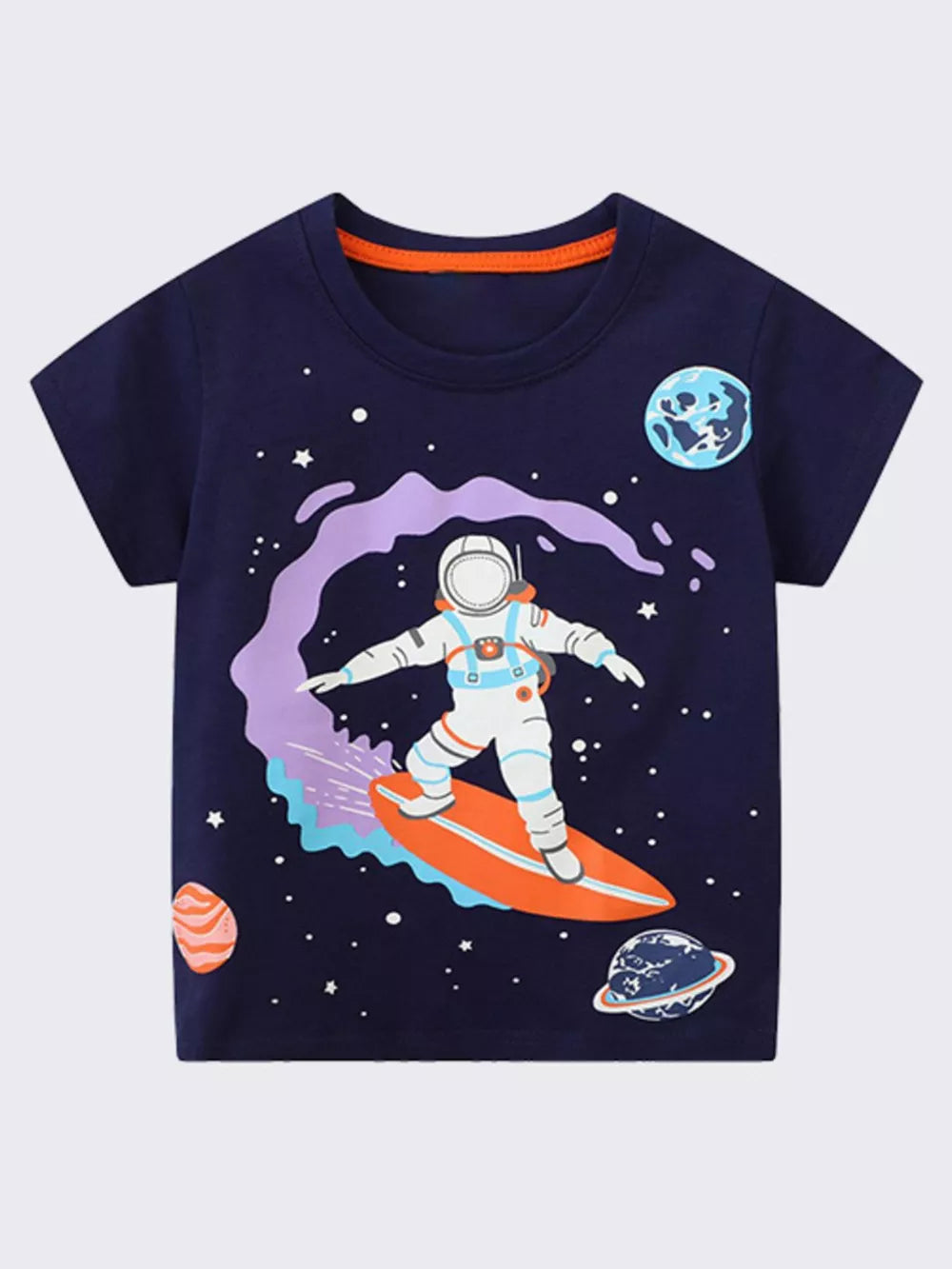 Navy cotton t-shirt with astronaut surfing in space graphic, crew neck, short sleeves.
