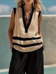 Navy Striped Sleeveless Top And Wide-leg Pants Set