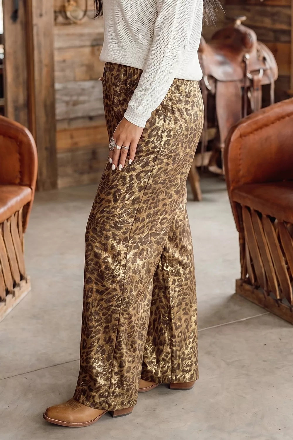 golden brown wide-leg pants with full-length and elastic