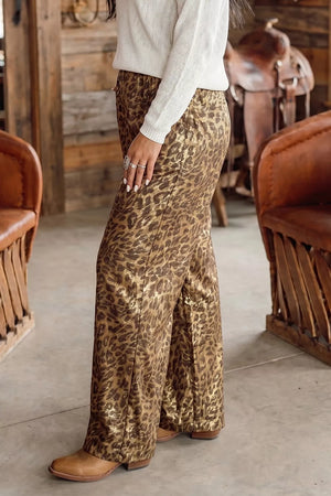 golden brown wide-leg pants with full-length and elastic