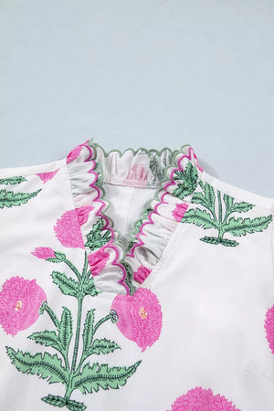 Vibrant floral mini dress with ruffled neckline and pink floral print.
