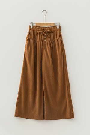 Camel wide-leg pants with ankle-length and elastic, drawstring, button-front