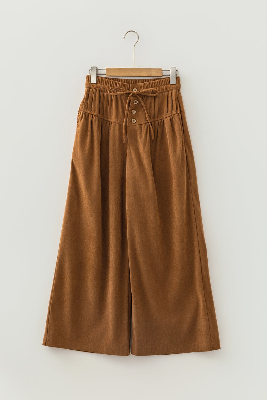 Camel wide-leg pants with ankle-length and elastic, drawstring, button-front