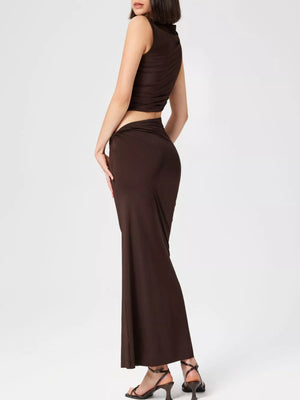 Black Asymmetrical Ruched Knit Top And Skirt Set