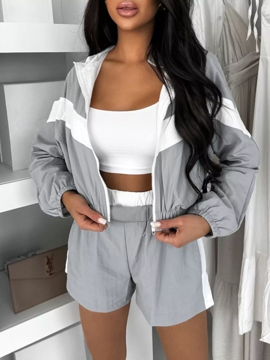Zip Up Long Sleeve Outerwear And Shorts Set in Black
