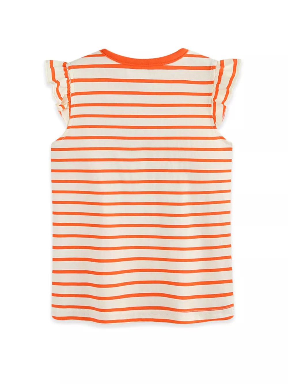 Baby girls' orange and cream striped cotton tee with ruffle sleeves and crew neck.