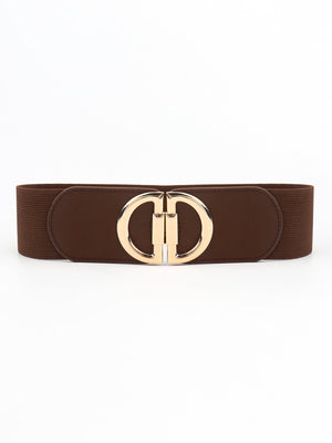 Brown elastic belt with double D gold buckle