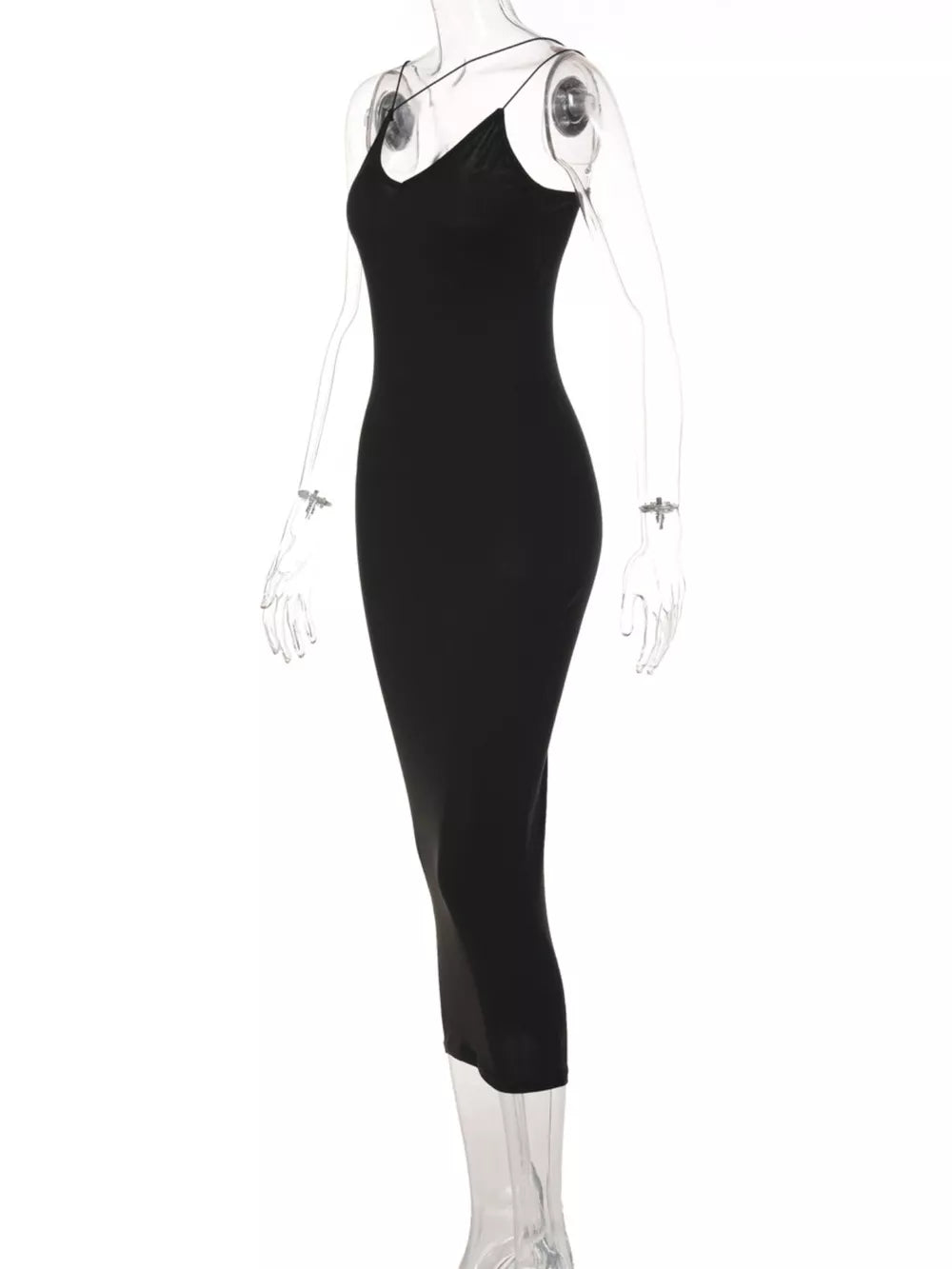 Black midi dress with spaghetti straps and V-neck, bodycon fit.