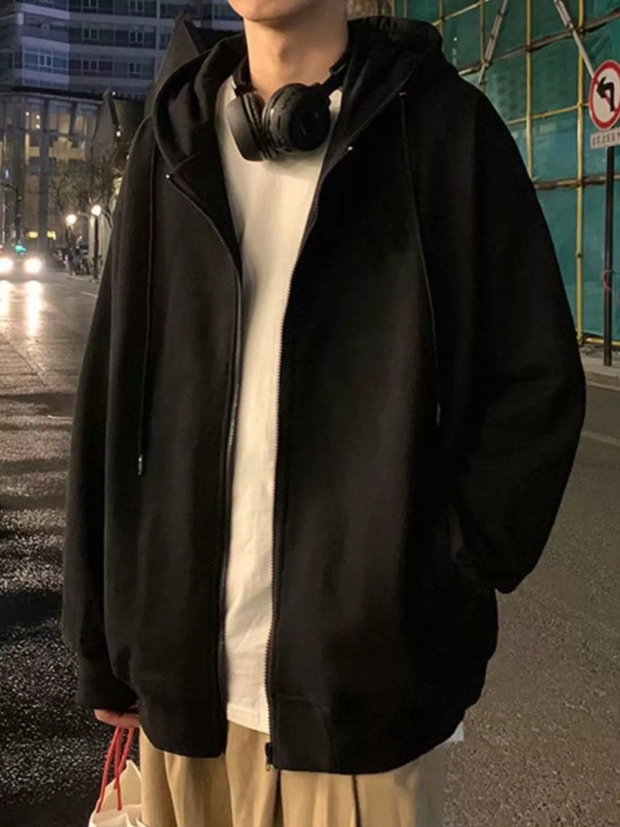 Black casual zip-up hoodie with white t-shirt and headphones, men's activewear