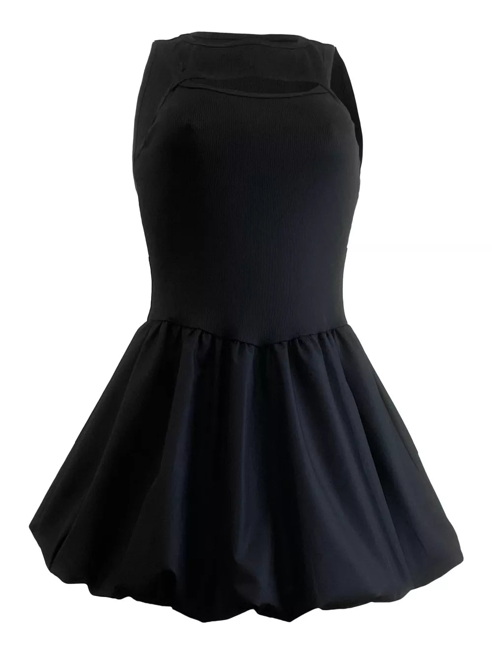 Black mini dress with cutout detail and bubble hem