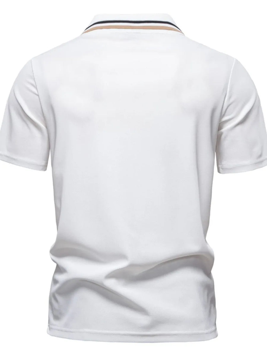 White textured polo shirt with contrast trim detail on collar