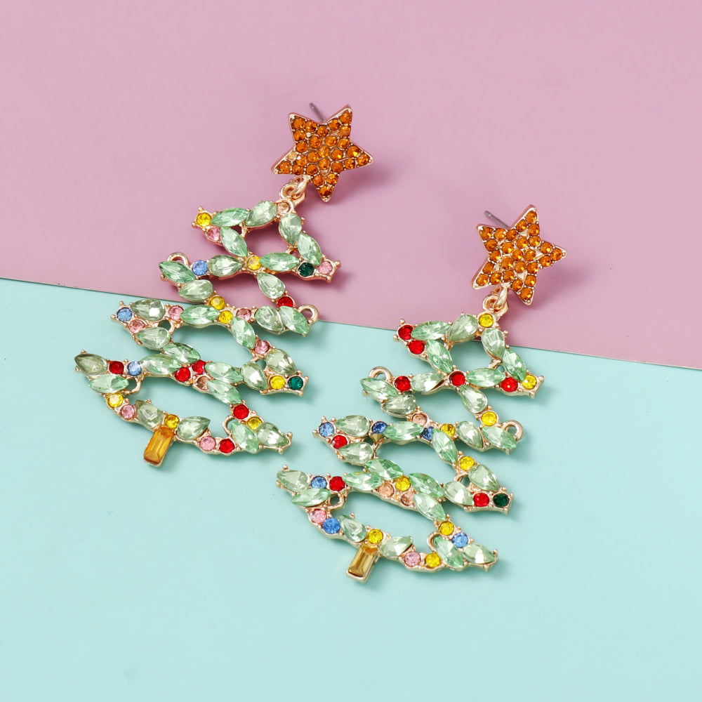 Festive crystal tree dangle earrings with orange star tops and colorful gemstone accents.