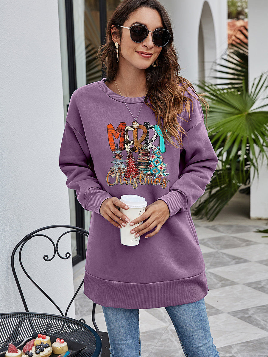 Extended hemline sweatshirt in Dusty Purple with a festive Merry Christmas graphic and trees.