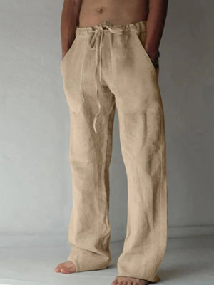 Tan linen blend wide-leg drawstring trousers with pockets