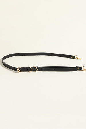 Black PU leather harness belt with gold chain detail and buckle