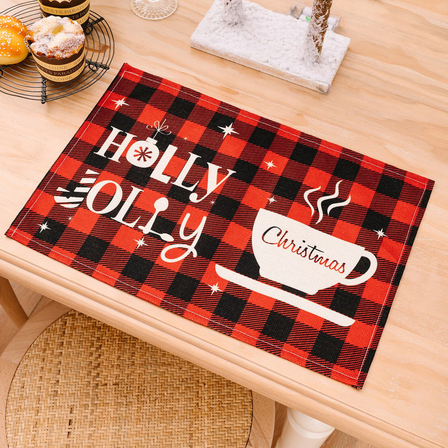 Red and black buffalo plaid placemat with Holly Jolly Christmas text and cup