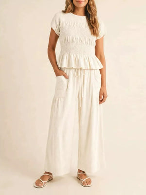 Black Smocked Peplum Top And Wide-leg Pants Set