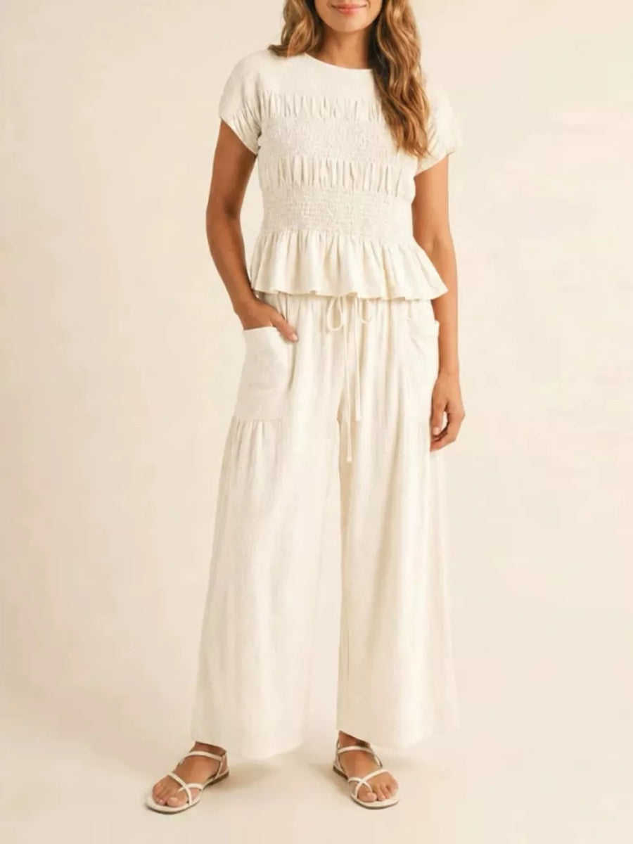 Black Smocked Peplum Top And Wide-leg Pants Set
