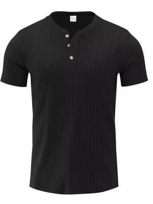 Black ribbed henley t-shirt with button placket and short sleeves.