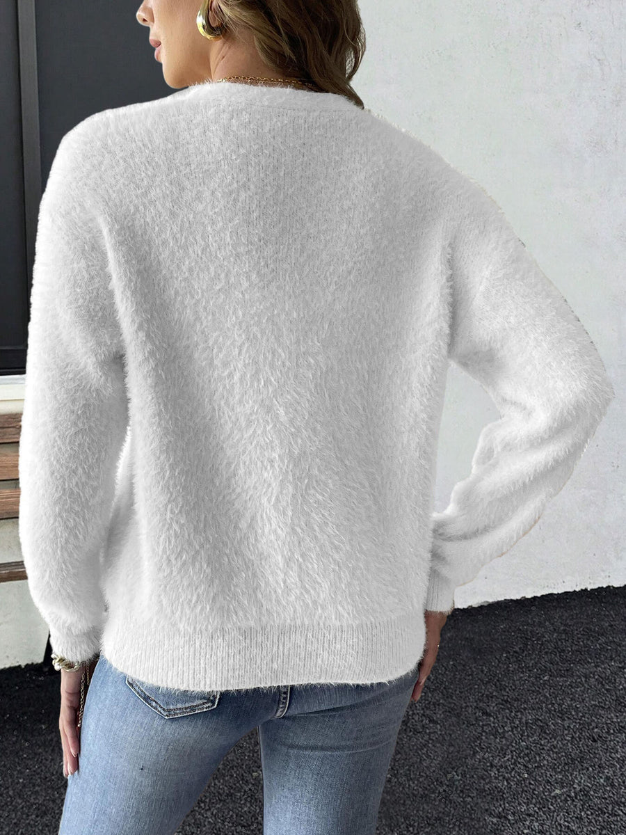 Strawberry Fuzzy Knit Cardigan in cream with buttoned