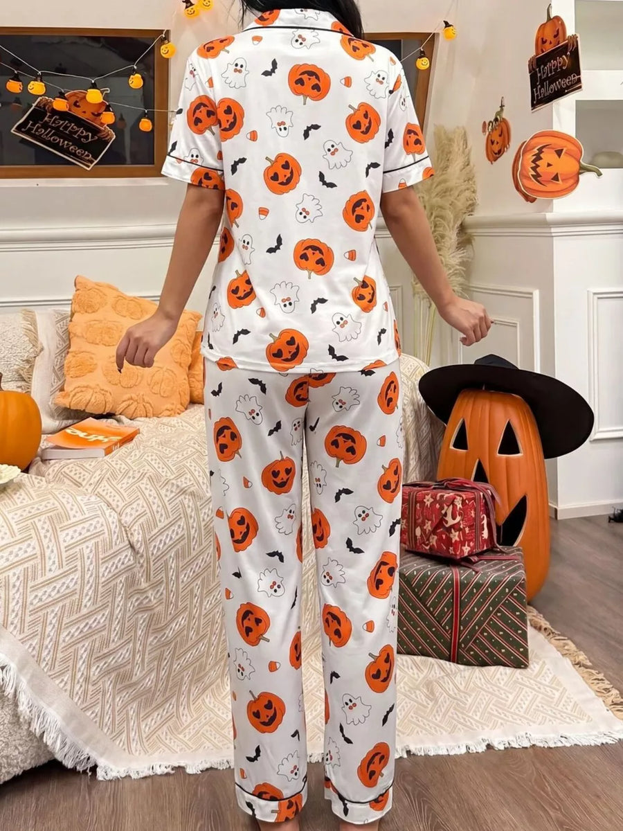 Orange pajama set with hip-length and button-front