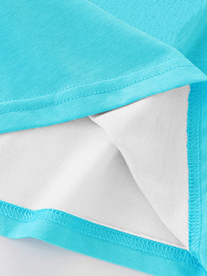 Toddler t-shirt in turquoise with white lining and visible stitching detail