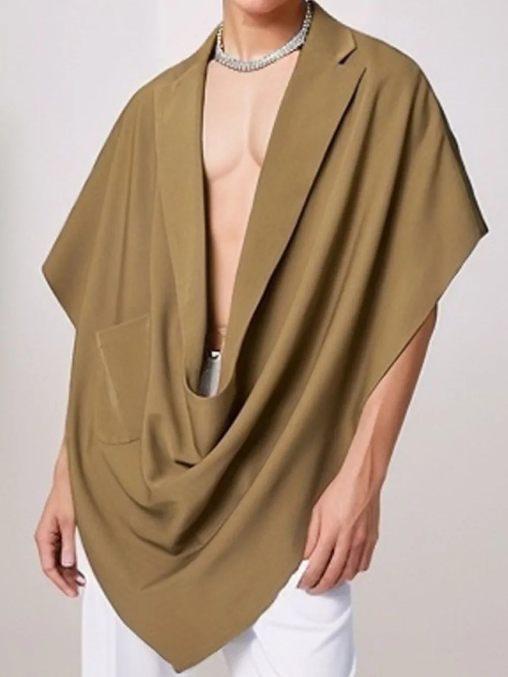 Taupe draped blazer cape with asymmetrical sculptural drape and pocket detail.