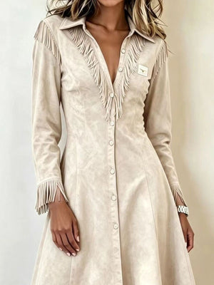 Full Size Fringed Button-Down Shirt Dress in dusty blue with buttoned