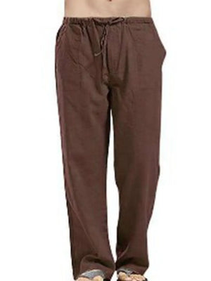 Relaxed fit brown linen drawstring trousers with pockets