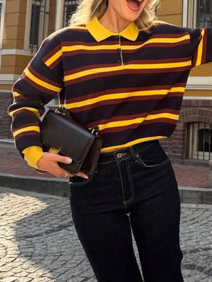 mustard yellow pullover sweater featuring buttoned and striped