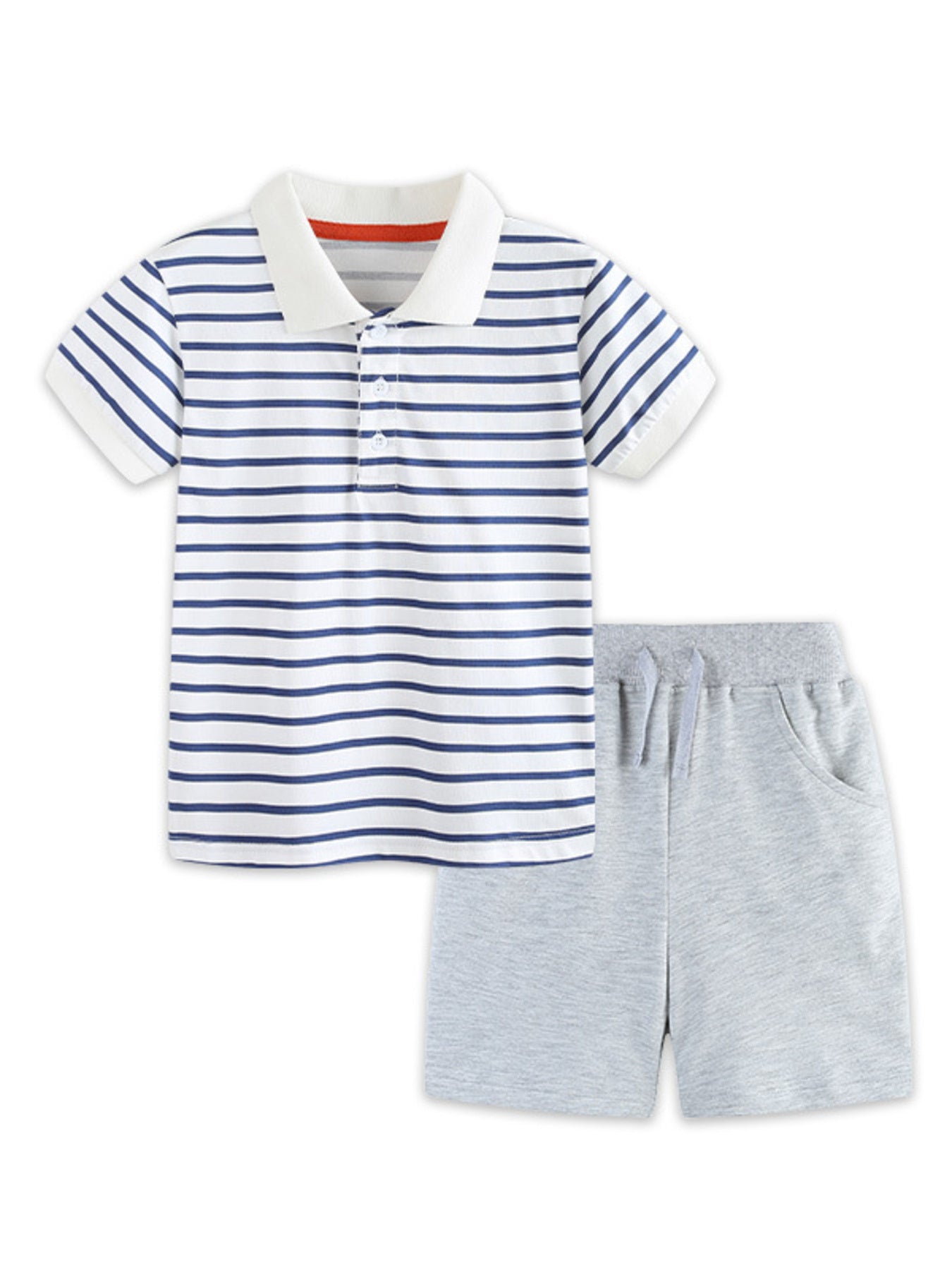 Boys' striped polo shirt and grey shorts ensemble, comfortable cotton.
