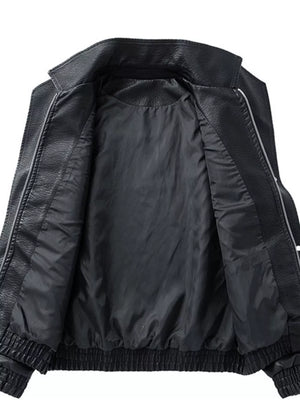 Black faux leather bomber jacket with a quilted lining and elasticated cuffs and hem.