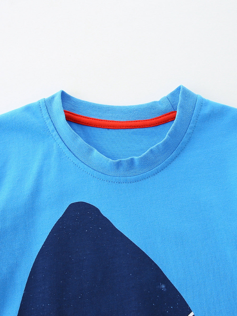 Blue cotton t-shirt with red trim and a dark blue graphic.