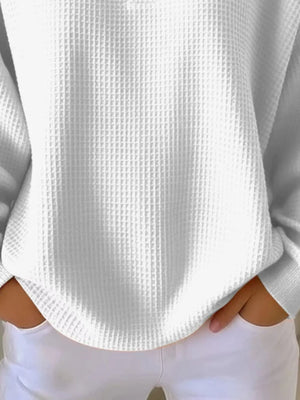 White waffle knit button detail casual top with comfortable fit