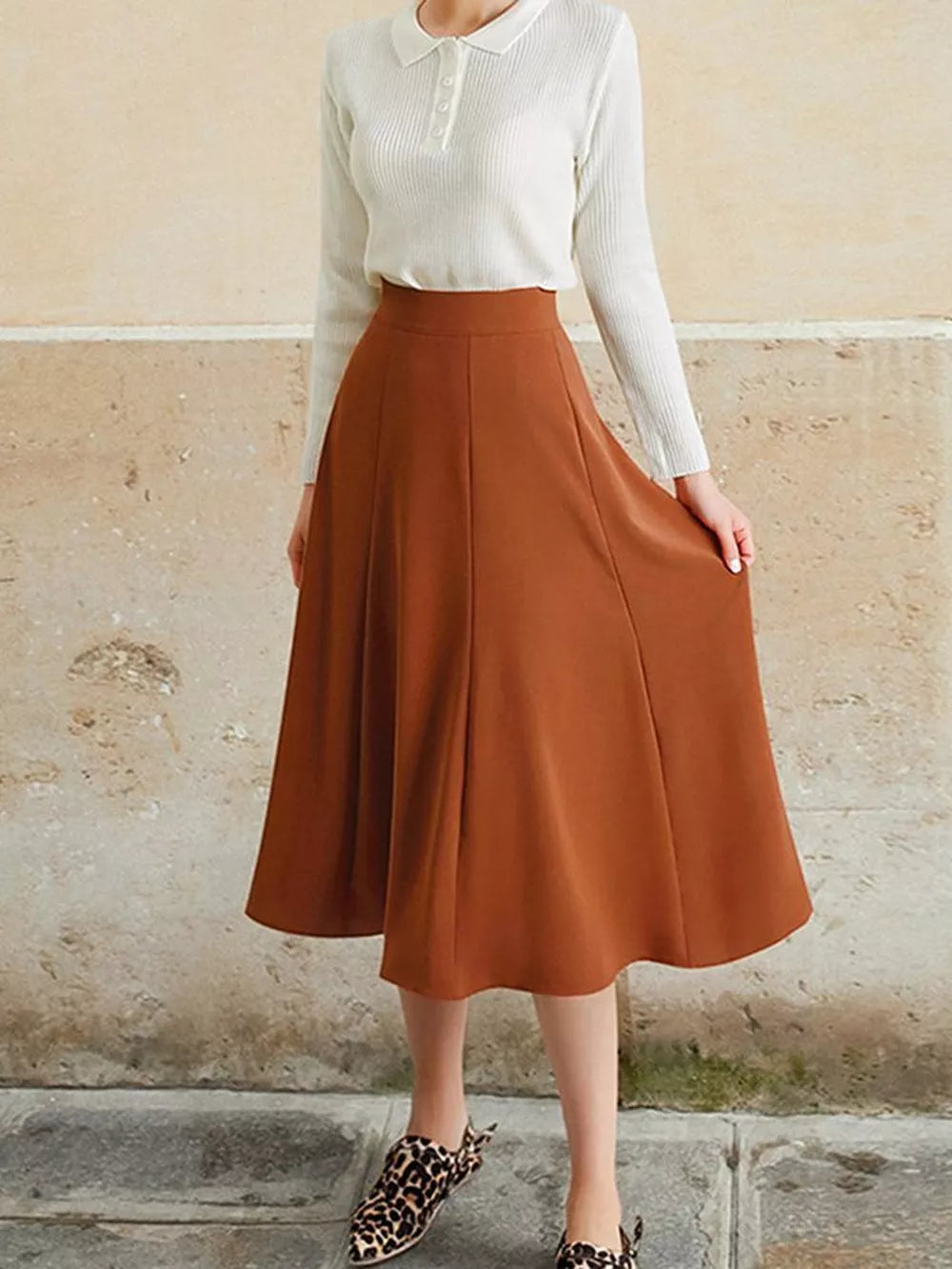 Orange-red A-line Midi Skirt With Elastic Waistband